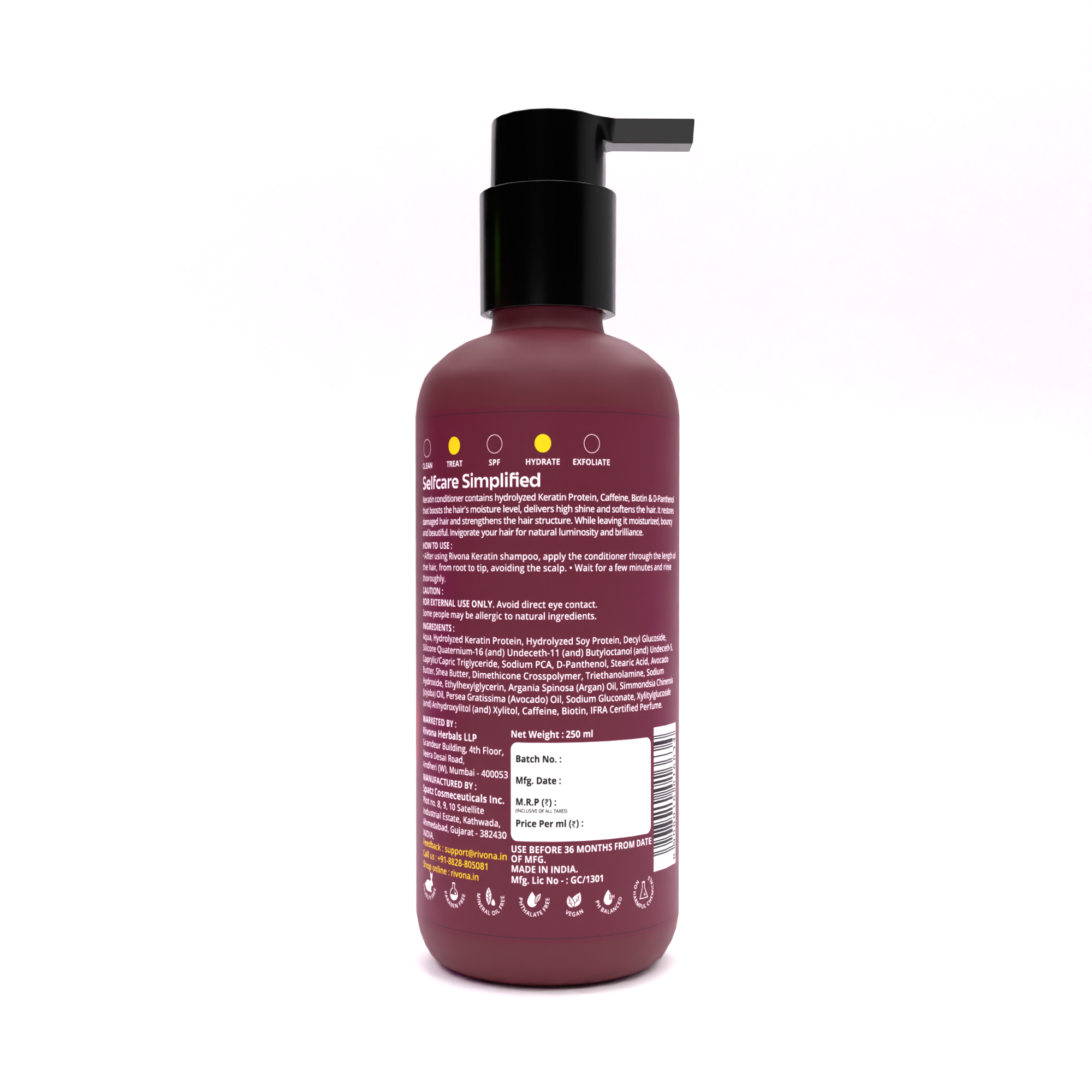 Keratin Conditioner With Caffeine and Biotin - Paraben and Sulphate Free - 250ml