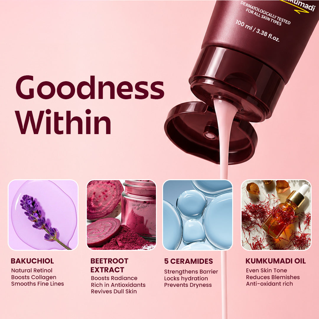 Beetroot & Bakuchiol Face Wash for Glowing & Youthful Skin | Plant-Based Retinol Cleanser | 100 ml